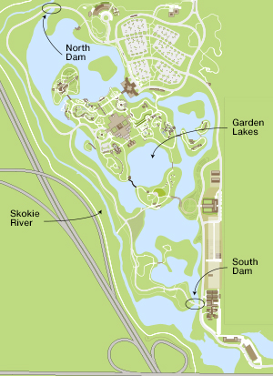 Map of the lakes and dams in the Chicago Botanic Garden.