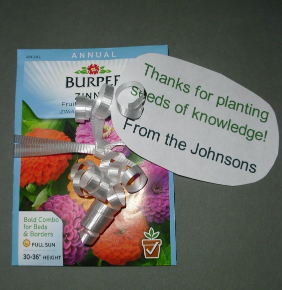 PHOTO: Seed packed with a label saying, "Thanks for planting the seeds of knowledge."
