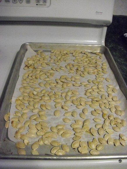 PHOTO: Pumpkin seeds on baking tray.
