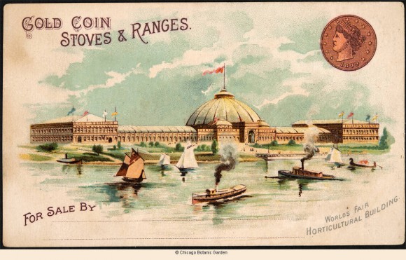 Front of advertising card showing the Horticultural Building at the 1893 Chicago World's Fair, with inset of company logo. 