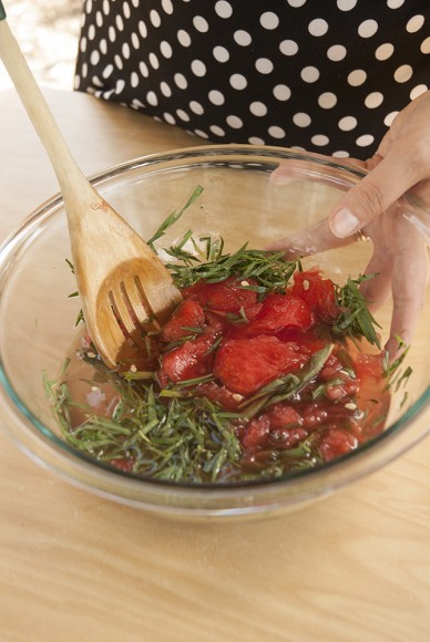 PHOTO: A mash of water, sugar, watermelon, tarragon, and basil steeps to create a flavored syrup.