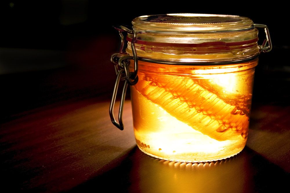 PHOTO: Honey with honeycomb in a jar.
