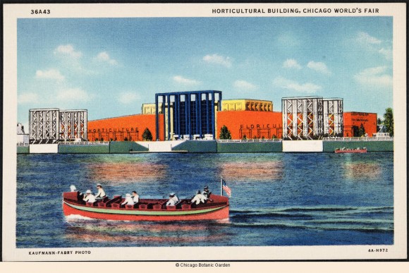 Front of postcard showing a rowboat on a lake in front of the Horticultural Building at the World's Fair grounds in Chicago, 1934.