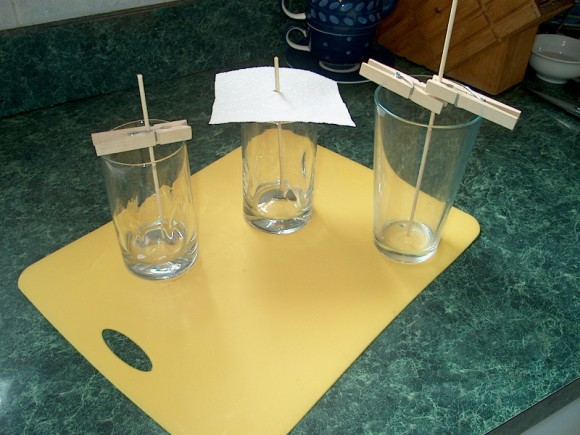 PHOTO: Glasses and skewers set up for making rock sugar candy.