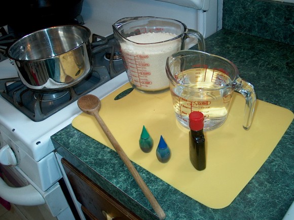 PHOTO: Tools and ingredients for making rock sugar candy laid out on the kitchen counter.