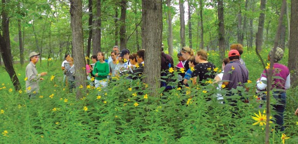 PHOTO: A Garden ecologist leads a class into the woods to learn about this ecosystem.