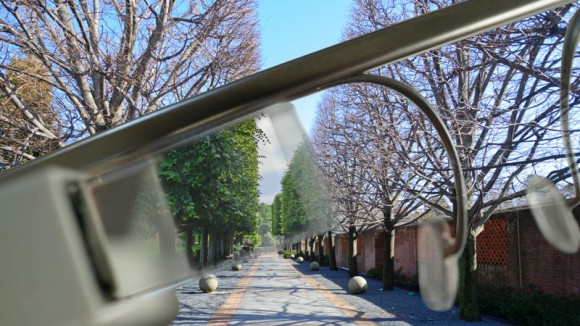 PHOTO: Google glasses showing a spring view through the prism, while the landscape is brown and wintry.