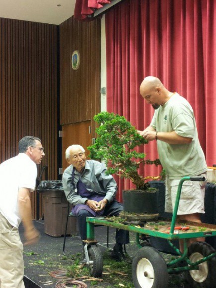 PHOTO: Curator Chris Baker of the Chicago Botanic Garden trims a bonsai, under the watchful eyes of Jack Sustic (far left) and bonsai master Harry Hirao (seated).