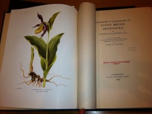 Although the cover of the book is plain, inside are Intricate watercolors of 57 different orchid varieties. 
