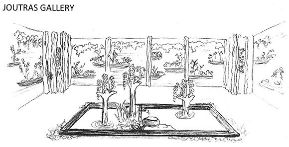Sketch of the Joutras Gallery bamboo walls and dry garden concept