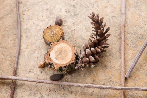 PHOTO: A squirrel made from tree cookies, pine cones, acorns.