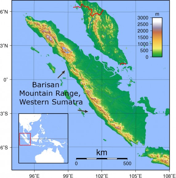 MAP: Sumatra, highlighting the western mountain range of the island.