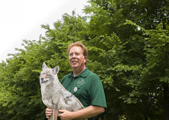 PHOTO: Tom Tiddens poses with a cardboard coyote cutout, used to deter varmints from veg.