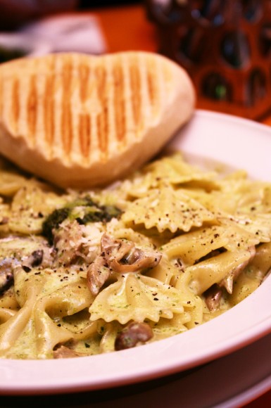 PHOTO: farfalle pasta with mushrooms and herbs.