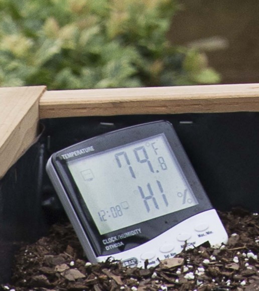 PHOTO: A hygrometer in Spike's planter measures relative humidity in the greenhouse.