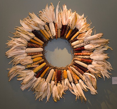 PHOTO: Six types of colorful indian corn—husks facing outward as a fringe—create this wreath.